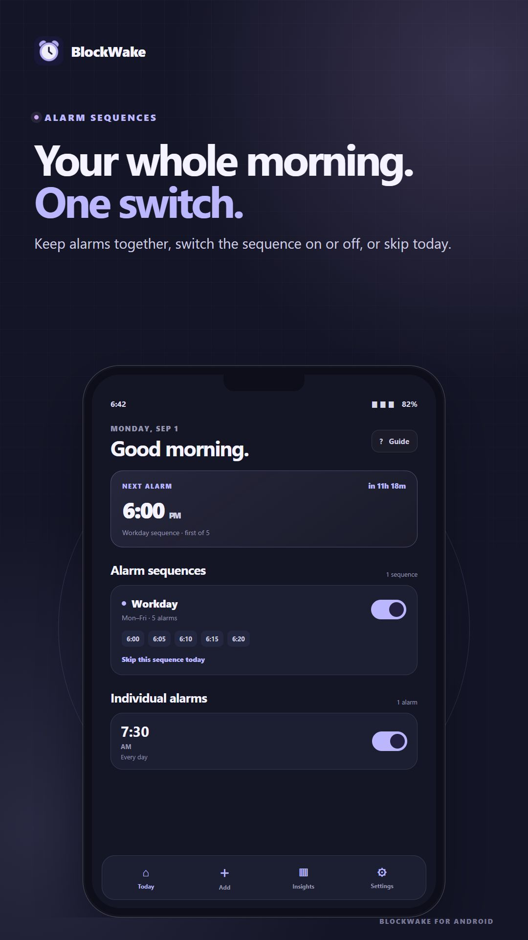 BlockWake home screen showing a five-alarm Workday sequence