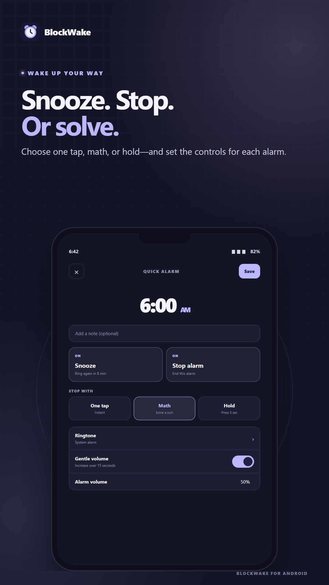 BlockWake alarm controls with one tap, math and hold challenges